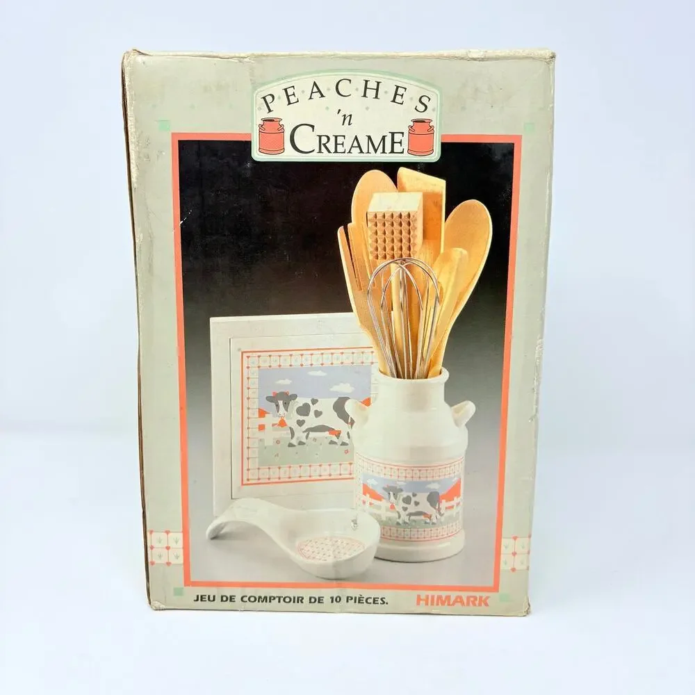 Vtg 80s Himark Peaches N Cream Cow Canister Utensils Trivet NOS Cottagecore